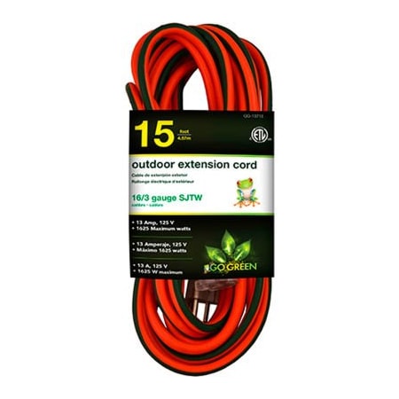 Gogreen SJTW Extension Cord, 16 AWG, Outdoor, 16/3, 1 Outlets, Orange, 15 ft GG-13715